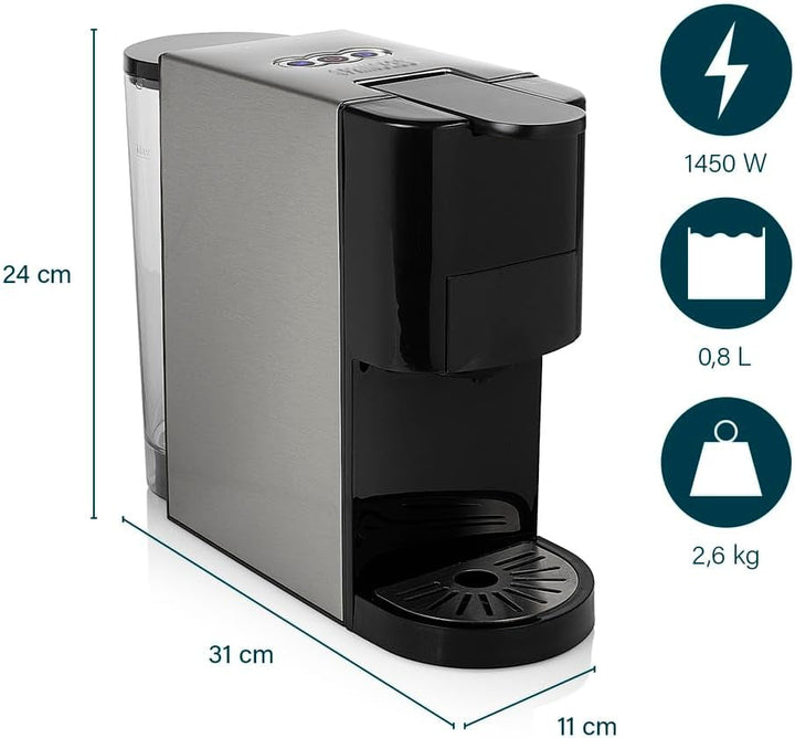 Princess filtru de cafea multi-capsulă 4 în 1 - 1450 Watt, capsule, doze, cafea măcinată, fără Bpa, 249450, 01.249450.01.001, negru, argintiu