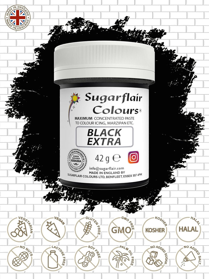 Sugarflair Lebensmittelfarbe Max Konzentriert Black Extra, Lebensmittel Farbstoff Hoch Konzentriert Für Marzipan Und Fondant, Max Concentrate Paste Colour - 42G