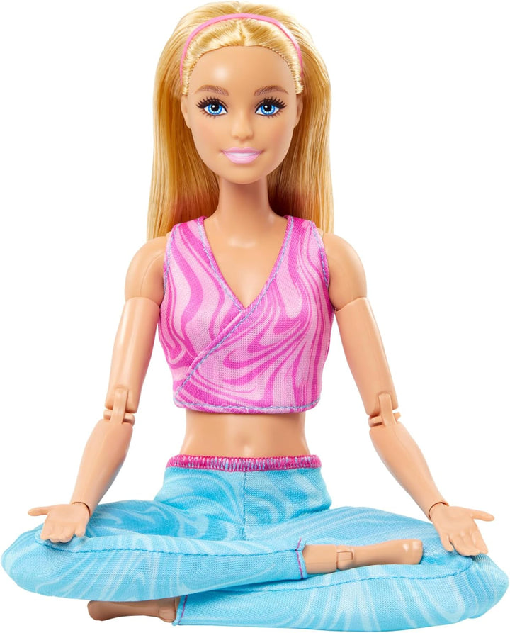 Păpușă Barbie Made-To-Move Fashion cu păr blond, top sport roz detașabil și pantaloni yoga albaștri, 22 de articulații mobile", HRH27, [Multicolor]
