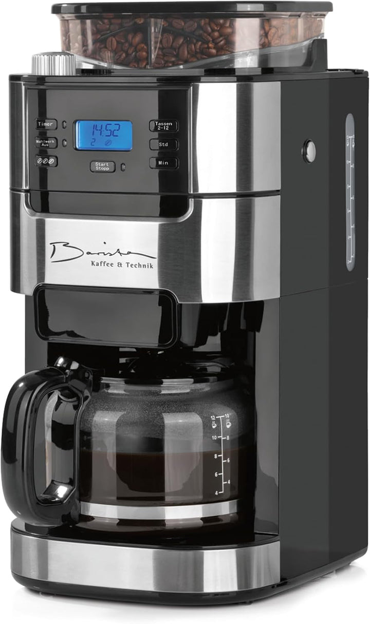 Cafetiera cu filtru Barista cu râșniță reglabilă și cană termo | funcție de menținere la cald, cronometru 24H și filtru permanent | pentru 10 cești de cafea | cafetieră pentru boabe și pudră [oțel inoxidabil]