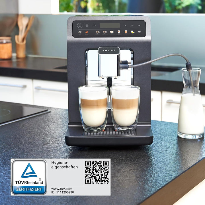 Krups Evidence One aparat de cafea complet automat Cu tub de lapte, 12 băuturi, funcție de 2 cești, afișaj color, aparat de cafea, sigiliu ușă, negru, EA895N10, meteor grafit