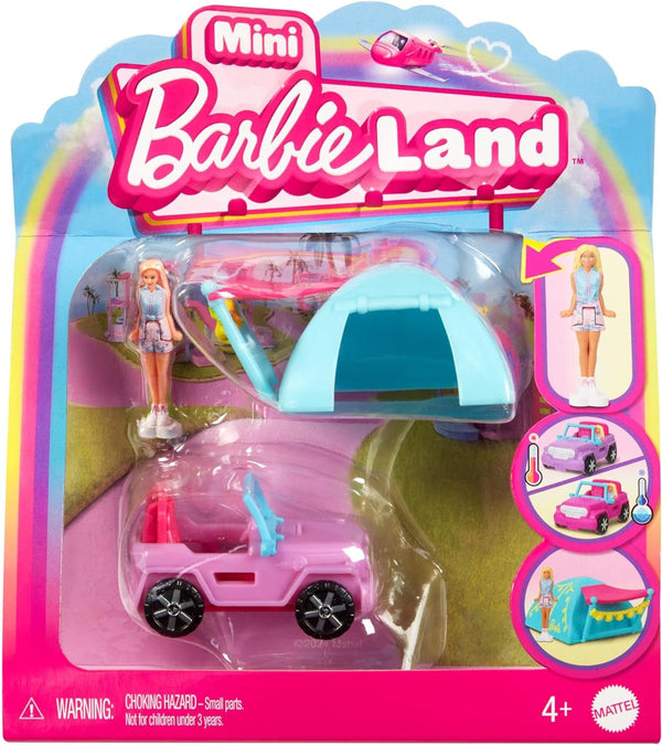 Barbie Mini Barbieland set de păpuși și vehicule de jucărie, păpușă de 1,5 inci și vehicul de jucărie iconic cu surpriză care își schimbă culoarea, HYF43