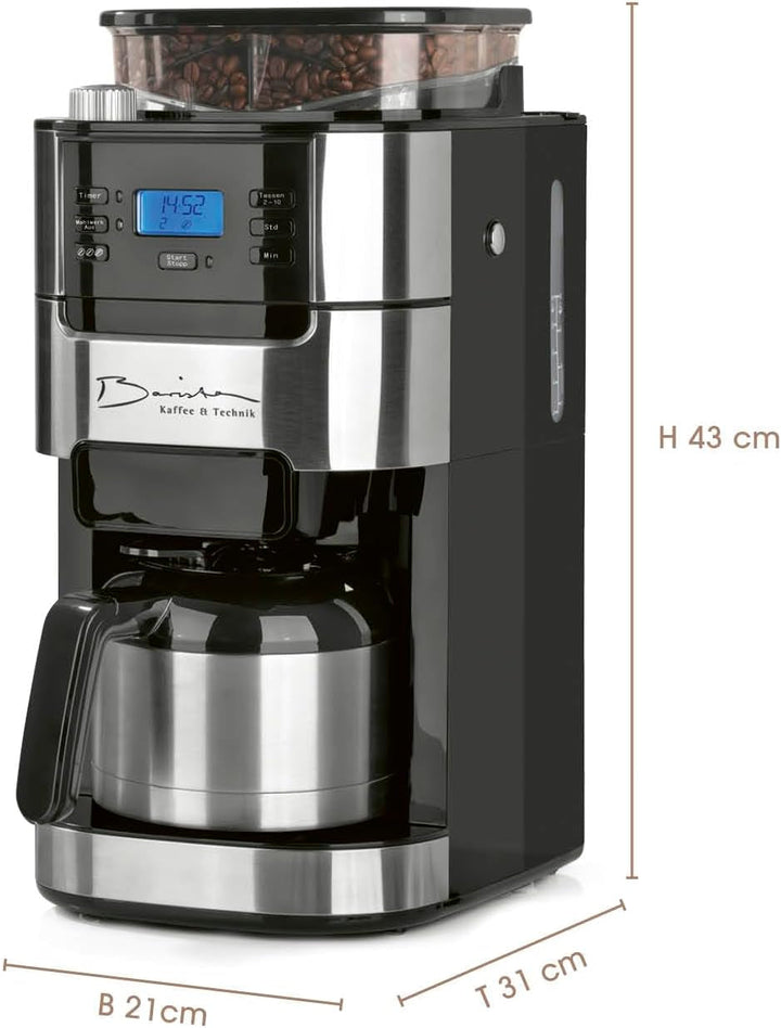 Cafetiera cu filtru Barista cu râșniță reglabilă și cană termo | funcție de menținere la cald, cronometru 24H și filtru permanent | pentru 10 cești de cafea | cafetieră pentru boabe și pudră [oțel inoxidabil]