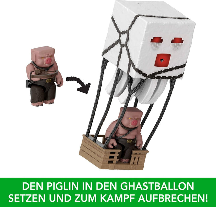 Mattel Minecraft Action Figure Set, Ghast With Fire Attack, Lights, Noise, Starter And Projectile, Piglin Warrior, Inspired By The Movie, JFB69