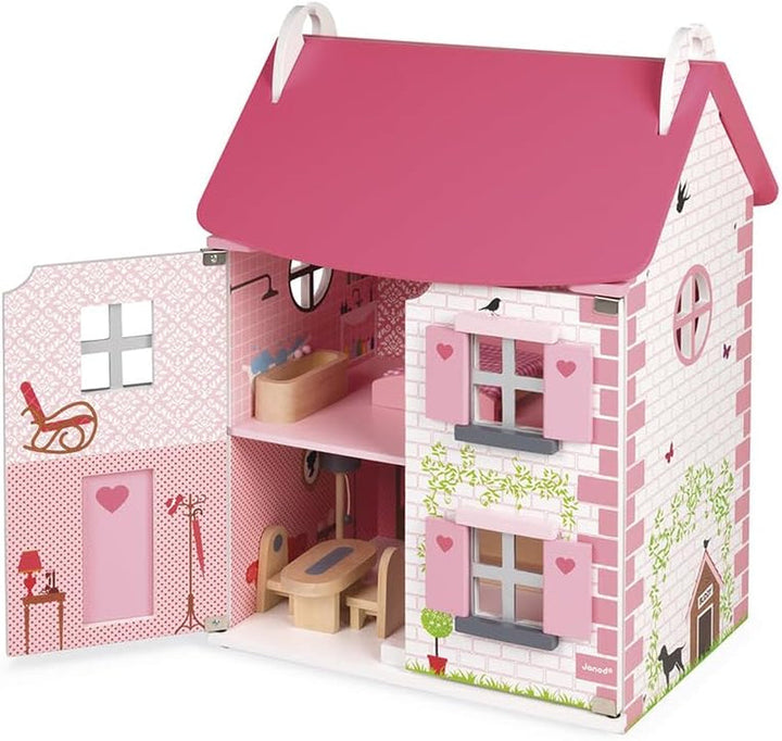 Janod - Casa de păpuși din lemn Mademoiselle, 3 etaje și cu 11 accesorii, replică de jucărie, dezvoltă imaginația, de la 3 ani, J06581, roz