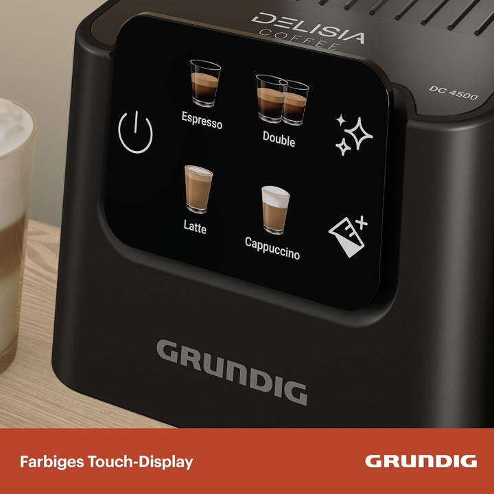 GRUNDIG KSM 5330 Mașină de fasole cu sită Cu recipient integrat pentru lapte, putere 1628 W, presiune pompă 15 bar, duză dublă, afișaj tactil color, Brewsense, Creamypro, Inox închis / negru