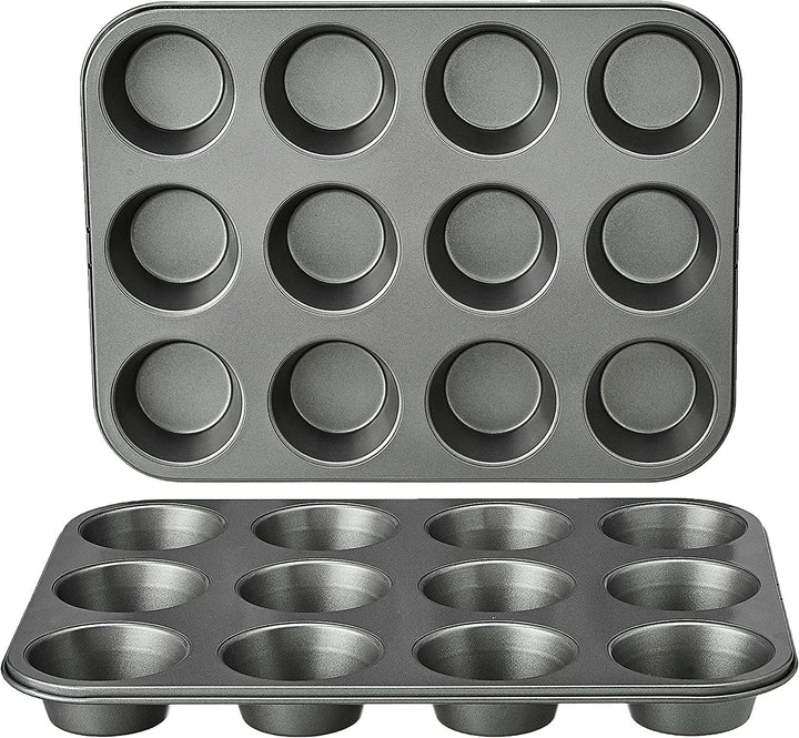 Amazon Basics - Rund Backblech Für Muffins, Antihaftbeschichtet, Karbonstahl, 2Er-Pack, Grau, 13.9"X10.55"X1.22"