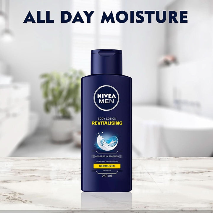 NIVEA MEN Vitalising Body Lotion, Loțiune de corp cu vitamina E pentru o piele intens hrănită, 250 ml