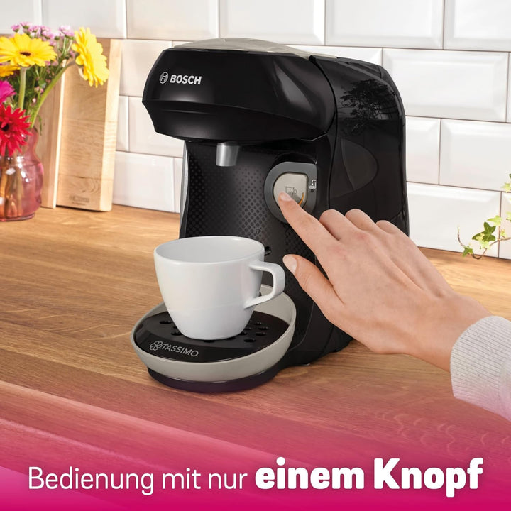 Bosch Tassimo Happy Friendly mașină de capsule TAS109E, Peste 70 de băuturi, Potrivit pentru toate ceștile, Oprire automată, Durabil, Perfect dozat, Economisitor de spațiu, 1400 W, Negru/bej