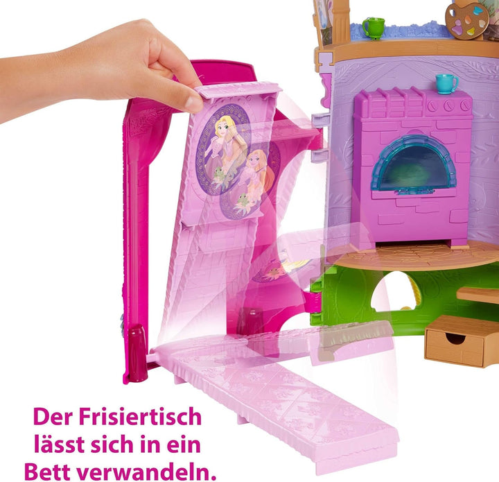 Disney Princess HMV99 - Păpușă Rapunzel mobilă și turn de joacă cu distracție pe tot parcursul, 6 zone de joacă și 15 accesorii, inspirat de filmul Disney, jucării pentru păpuși de la 3 ani