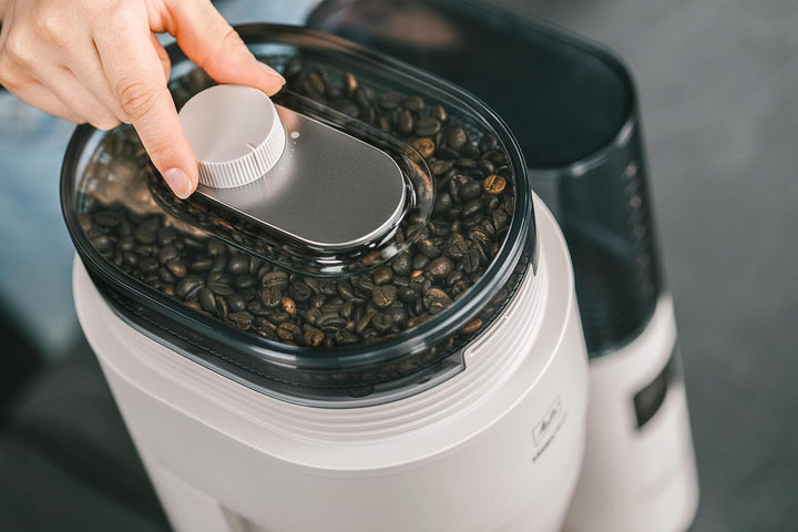 Melitta Aromafresh Pro X - Cafetieră cu râșniță, filtru de cafea cu ulcior din sticlă și rezervor de apă detașabil, pentru până la 10 cești de cafea, gri cald