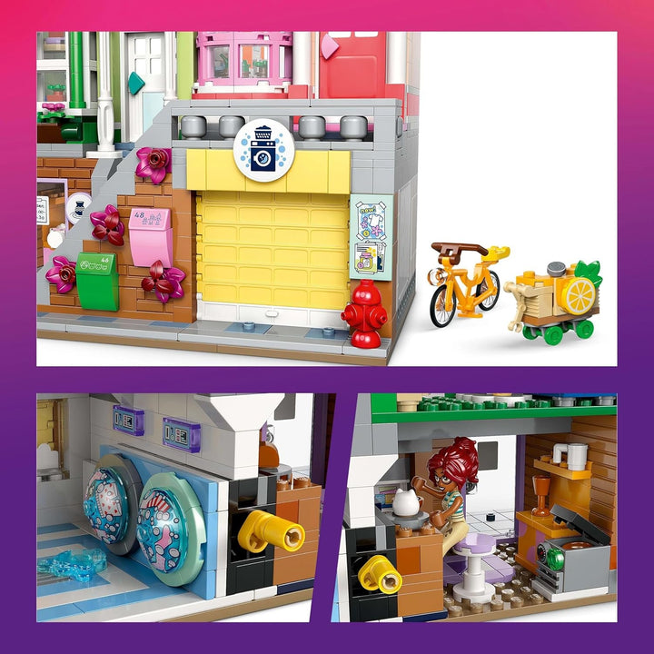 LEGO Friends Heartlake City Living and Shopping Street, set de construcție pentru jocuri de rol cu 9 personaje (inclusiv 7 minifigurine) și 3 pisici, cadou pentru fete și adolescenți, casă de jucării 42670