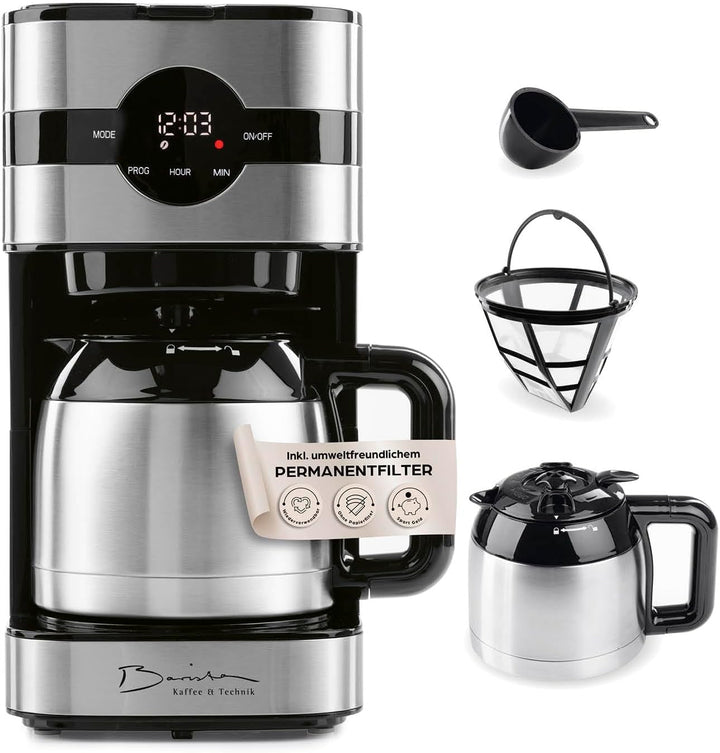Cafetiera cu filtru Barista cu râșniță reglabilă și cană termo | funcție de menținere la cald, cronometru 24H și filtru permanent | pentru 10 cești de cafea | cafetieră pentru boabe și pudră [oțel inoxidabil]
