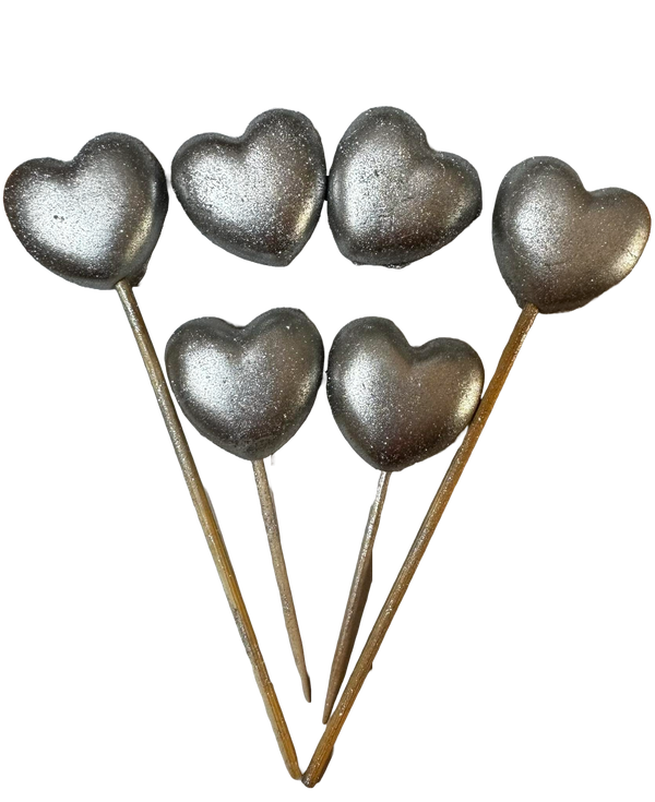 Set 6 edible decorations of sugar, silver hearts