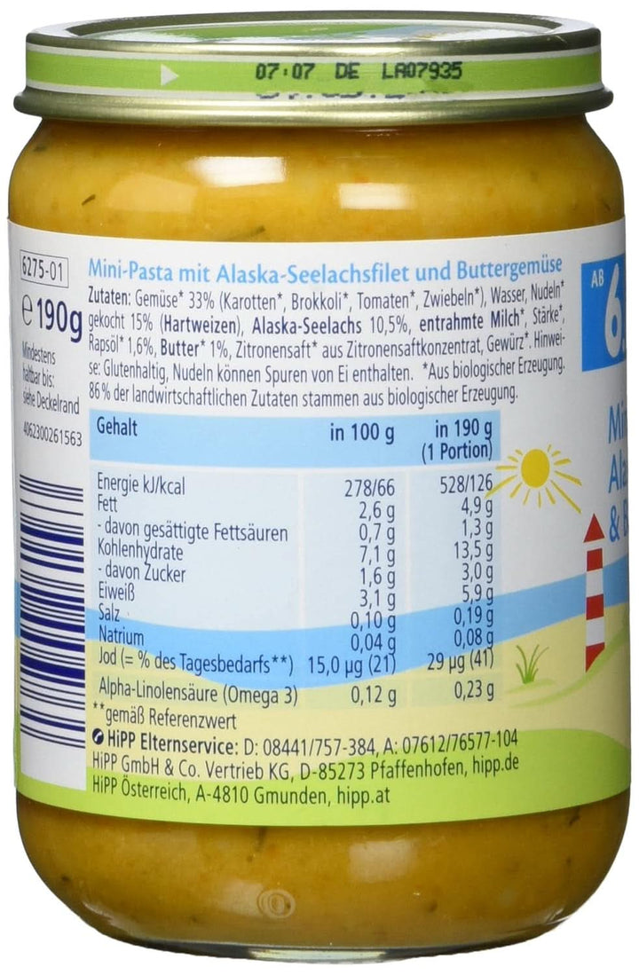 Hipp Mini-Pasta Mit Alaska-Seelachsfilet Und Buttergemüse, 6Er Pack (6 X 190 G)