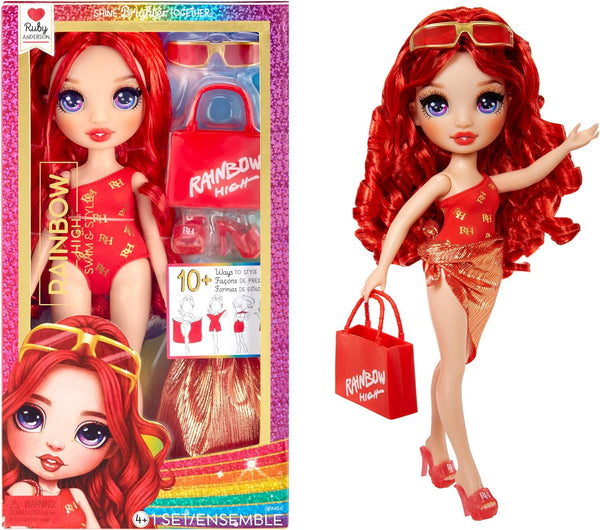 Rainbow High Swim & Style - Ruby (roșu) - păpușă înaltă de 28 cm cu pareo strălucitor, poate fi purtată în 10+ moduri - costum de baie extensibil, sandale, accesorii de joacă - jucărie - ideală pentru 4 până la 12 ani