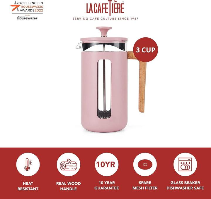 La Cafetière Pisa, 3 cești/350 ml, sticlă borosilicată rezistentă la căldură și oțel inoxidabil, cu plungere la îndemână, filtru mic de cafea franceză pentru ceai vrac și cafea măcinată, roz