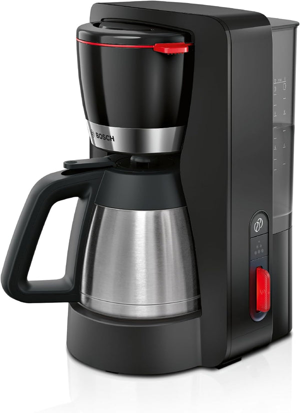 Mașină de cafea cu filtru Bosch Mymoment TKA6M273, cană termo 1 L, pentru 8-12 cești, opritor de picurare, suport pivotant pentru filtru, program de detartrare, rezervor de apă detașabil, 1200 wați, negru mat
