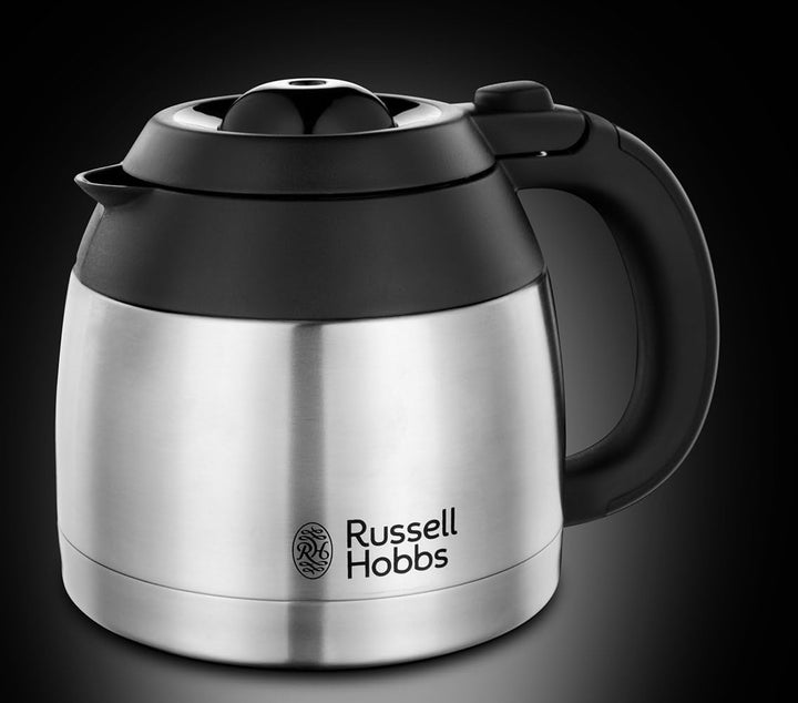 Cafetiera Russell Hobbs [Cap efervescent pentru extracție și aromă optime] Adventure (Max 8 cești, cană termo de 1,0 l, oprire automată, opritor de picurare, 1100 W) Filtru de cafea 24020-56, negru