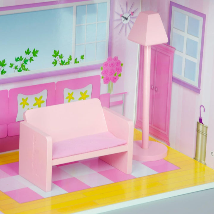 Olivia's Small World Giant Dollhouse, casă mare de păpuși din lemn cu mobilier și accesorii, casă de păpuși cu 3 etaje pentru copii, casă de păpuși pentru păpuși de 12", 3 ani +