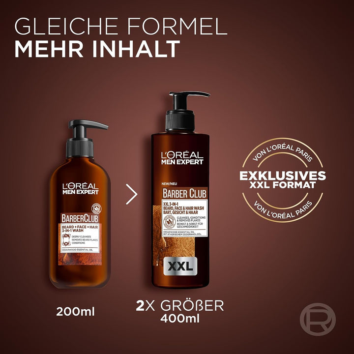 L'Oréal Men Expert XXL 3-In-1 Bartshampoo Für Männer, Bartseife Für Bart, Gesicht Und Haar, Herren Bartpflege Gegen Schuppen Mit Ätherischem Zedernholzöl, Barber Club, [Amazon Exclusive], 1 X 400 Ml