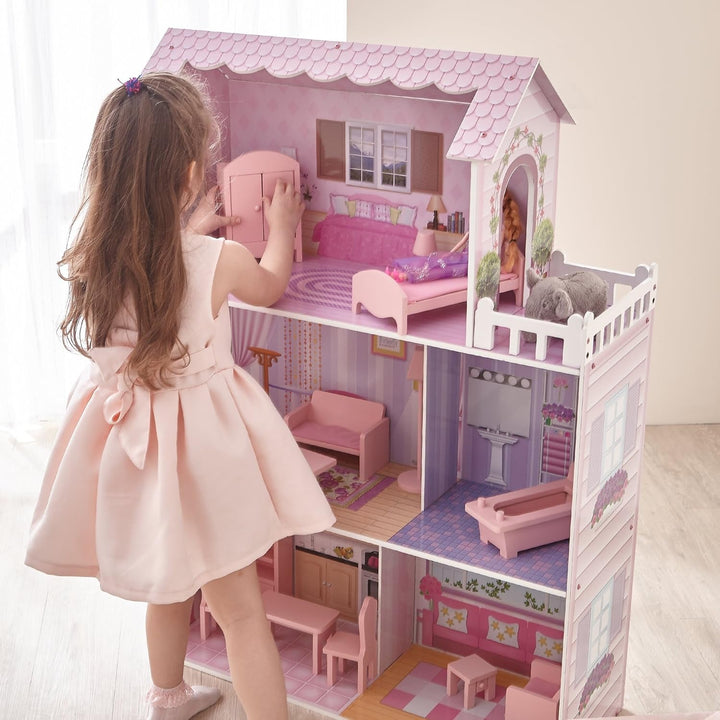 Olivia's Small World Giant Dollhouse, casă mare de păpuși din lemn cu mobilier și accesorii, casă de păpuși cu 3 etaje pentru copii, casă de păpuși pentru păpuși de 12", 3 ani +