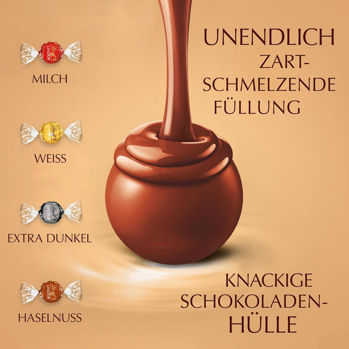 Lindt Schokolade LINDOR Mischung | 99 G Beutel | Ca. 8 Schokoladen-Kugeln Mit Zartschmelzender Füllung in Den Sorten Milch, Dunkel 60%, Weiß, Haselnuss | Pralinen-Geschenk| Schokoladen-Geschenk