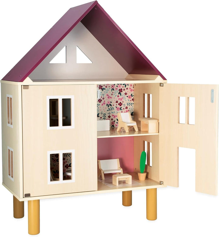 Janod - Casa de păpuși din lemn Mademoiselle, 3 etaje și cu 11 accesorii, replică de jucărie, dezvoltă imaginația, de la 3 ani, J06581, roz