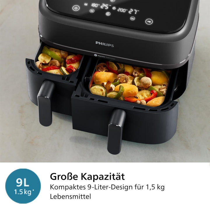 Philips Airfryer Dual Basket 3000 Series, 9L, 2 Körbe, 2 Gerichte Gleichzeitig Fertig, Rapidair plus Heißlufttechnologie, 90% Weniger Fett, Energieeffizient, Homeid Rezepte-App (NA350/00)