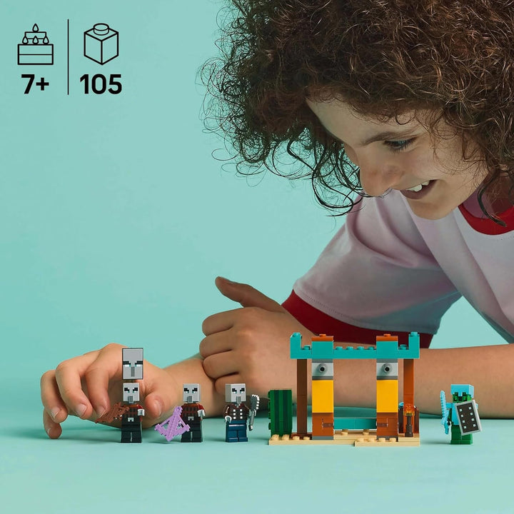 LEGO Minecraft The Illager Desert Patrol, set joc video pentru copii, mini-jucărie cu avanpost și trei minifigurine, inclusiv Plunderer, Servant și Cactus Knight 21267