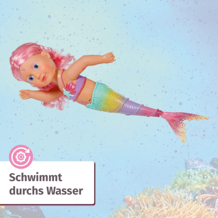 BABY Born Little Sister Mermaid 46 cm, Păpușă sirenă impermeabilă cu păr lung și aripioară mobilă cu sclipici, incl. tiară și pieptene, 833681 Zapf Creation