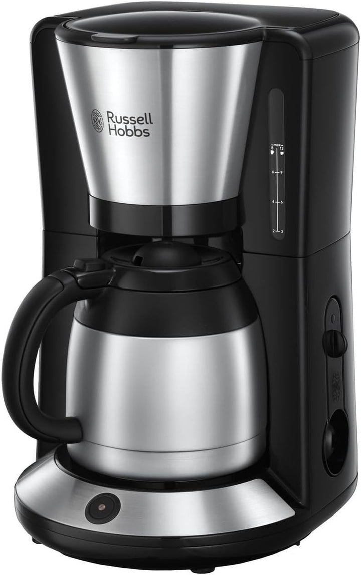 Cafetiera Russell Hobbs [Cap efervescent pentru extracție și aromă optime] Adventure (Max 8 cești, cană termo de 1,0 l, oprire automată, opritor de picurare, 1100 W) Filtru de cafea 24020-56, negru