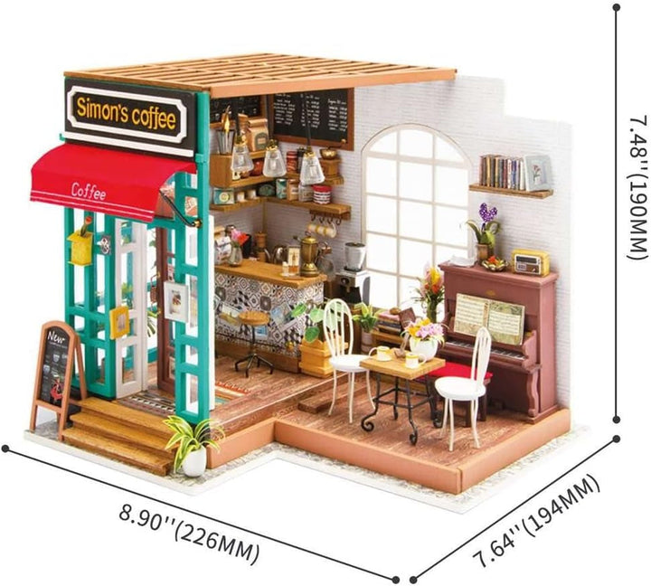 Robotime DG109 Rolife Simon's Cafe Casă de păpuși în miniatură din placaj și plastic, dimensiuni: 23 X 19 X 19 cm, 203 piese