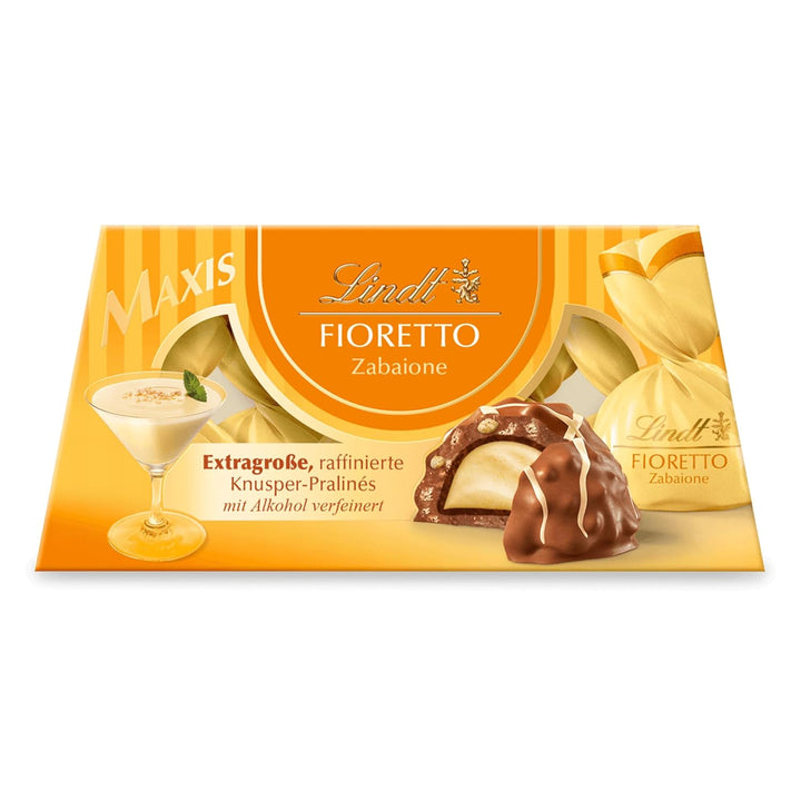 Lindt Schokolade FIORETTO Maxi Zabaione | 138G Geschenkbox | 6 Vollmilch Pralinen, Zabione-Trüffel-Füllung Umhüllt Von Knusprigem Crisp, Alkoholhaltig | Pralinengeschenk | Schokoladengeschenk