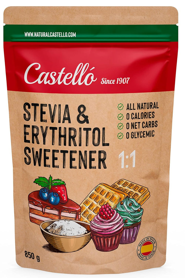 Stevia + Erythrit 1:1 Süßstoff | 1G = 1G Zucker | 100% Natürlicher Zuckerersatz - 0 Kalorien - 0 Glykämischer Index - Keto Und Paleo - 0 Netto-Kohlenhydrate - Kein GVO - Castello since 1907-850 G