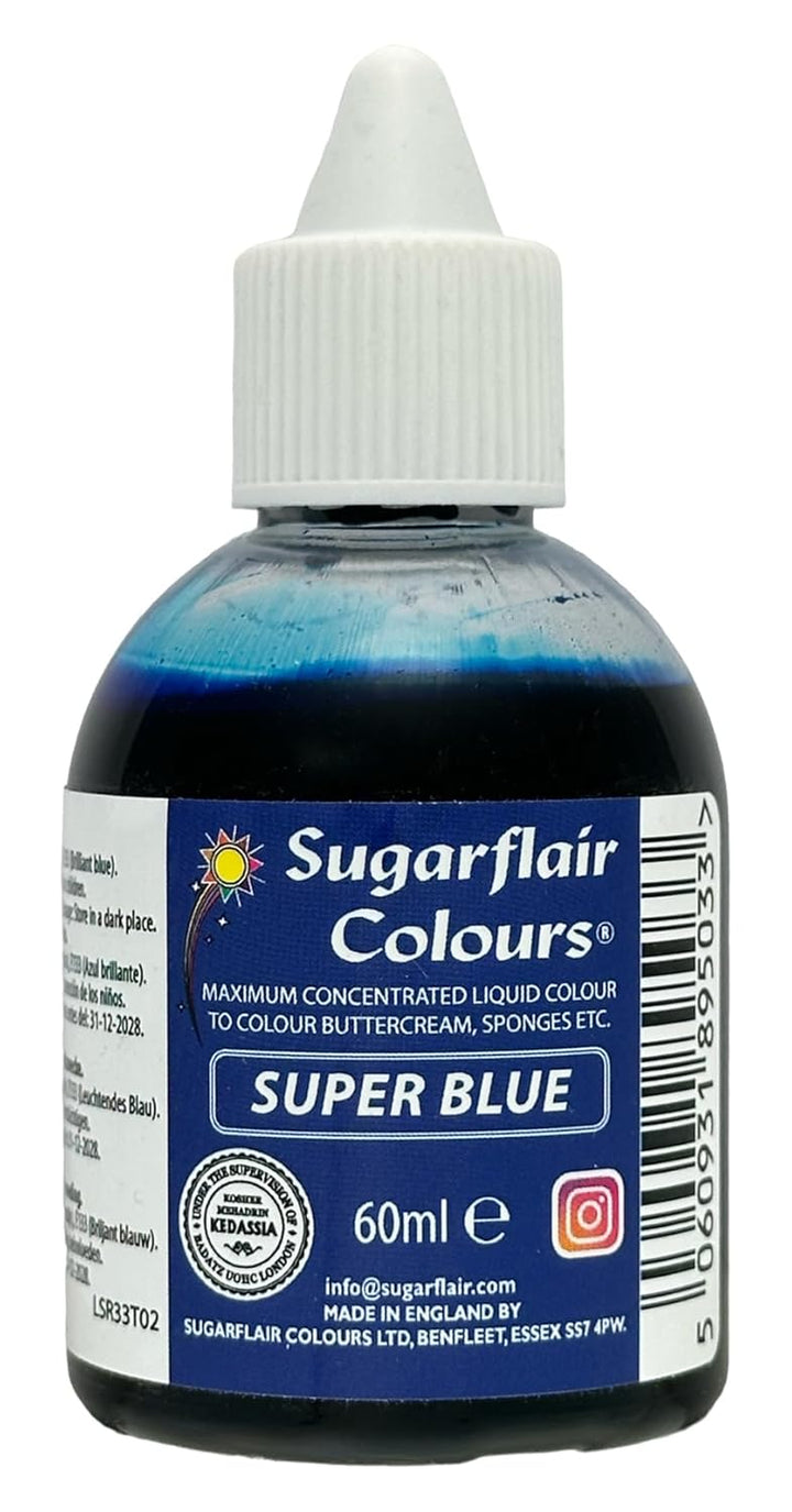 Sugarflair Lebensmittelfarbe Flüssig Super Blue - Lebensmittel Farbe Hoch Konzentriert Zum Färben Von Zuckerpaste, Buttercreme, Zuckerguss, Macarons, Kuchendekorationen Und Mehr - 60Ml