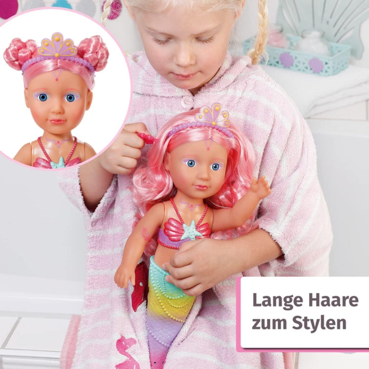 BABY Born Little Sister Mermaid 46 cm, Păpușă sirenă impermeabilă cu păr lung și aripioară mobilă cu sclipici, incl. tiară și pieptene, 833681 Zapf Creation