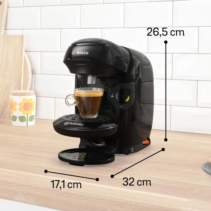 Mașină cu capsule Bosch Tassimo Style Friendly TAS112E, Peste 70 de băuturi, Potrivită pentru toate paharele, Complet automată, Durabilă, Economie de spațiu, 1400 W, Negru