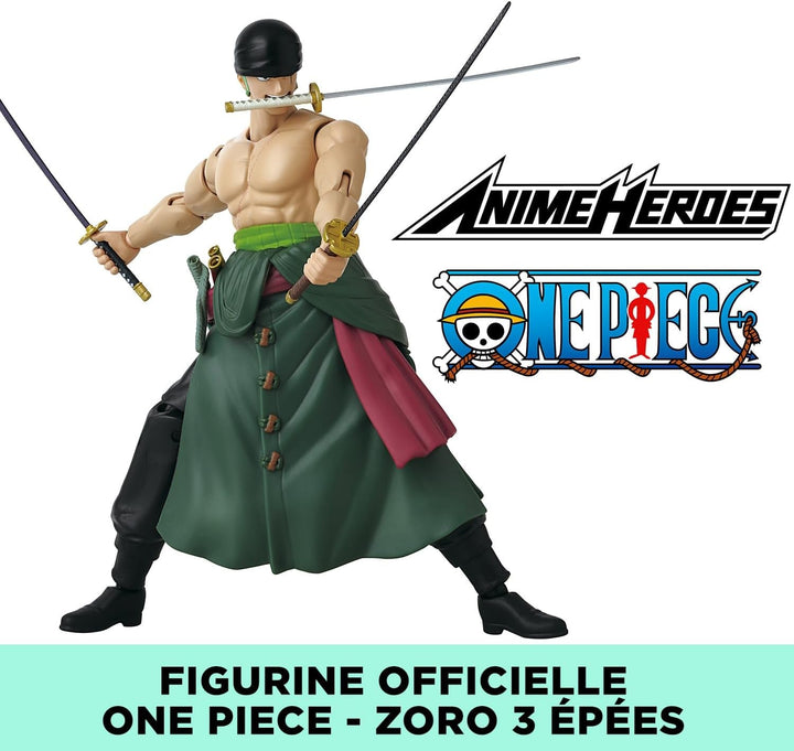 Bandai - Anime Heroes - One Piece Figure - Lorenor Zorro 17 Cm Three Sword Style - Licența oficială One Piece - Movable Manga Figure Zorro 3 Swords - Toy For Children From 4 Years - 37052