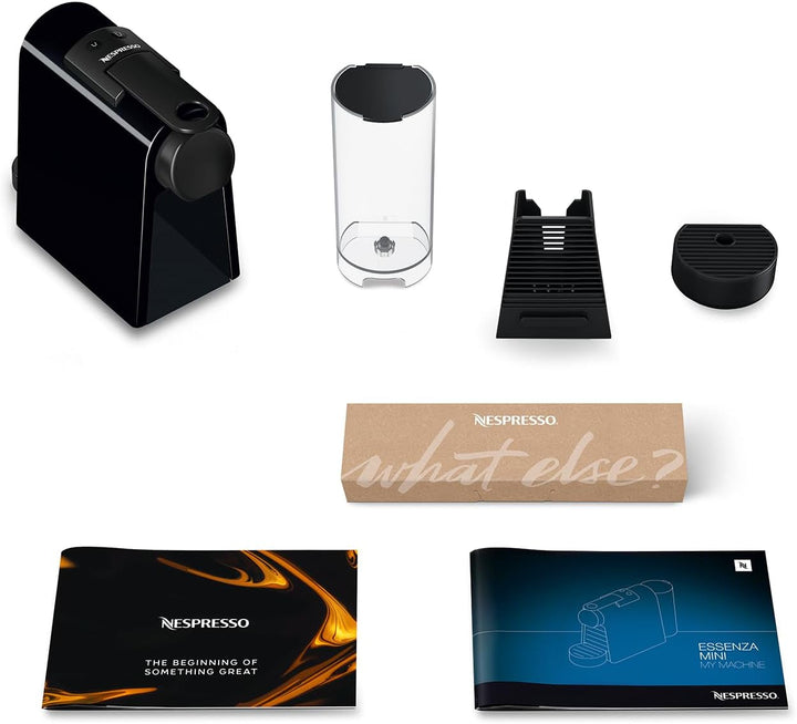 Nespresso De'Longhi Essenza Mini EN 85.B Mașină de cafea cu capsule Set de bun venit cu capsule cu arome diferite 19 Bar presiune pompă, economie de spațiu, 1370W, 0.6Ml, 32.5 X 11 X 20.5 Cm, negru